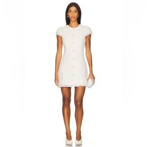 new Likely Riello collarless tweed button dress in ivory cream